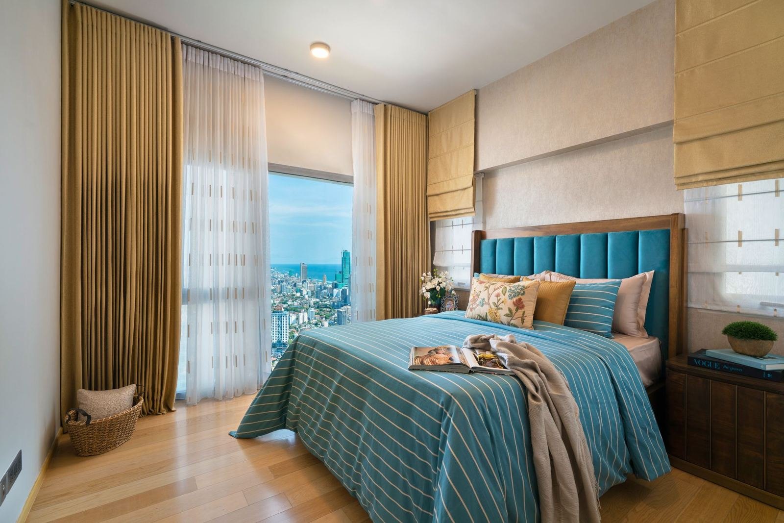 Bedroom with upholstered bedhead and integrated panelling