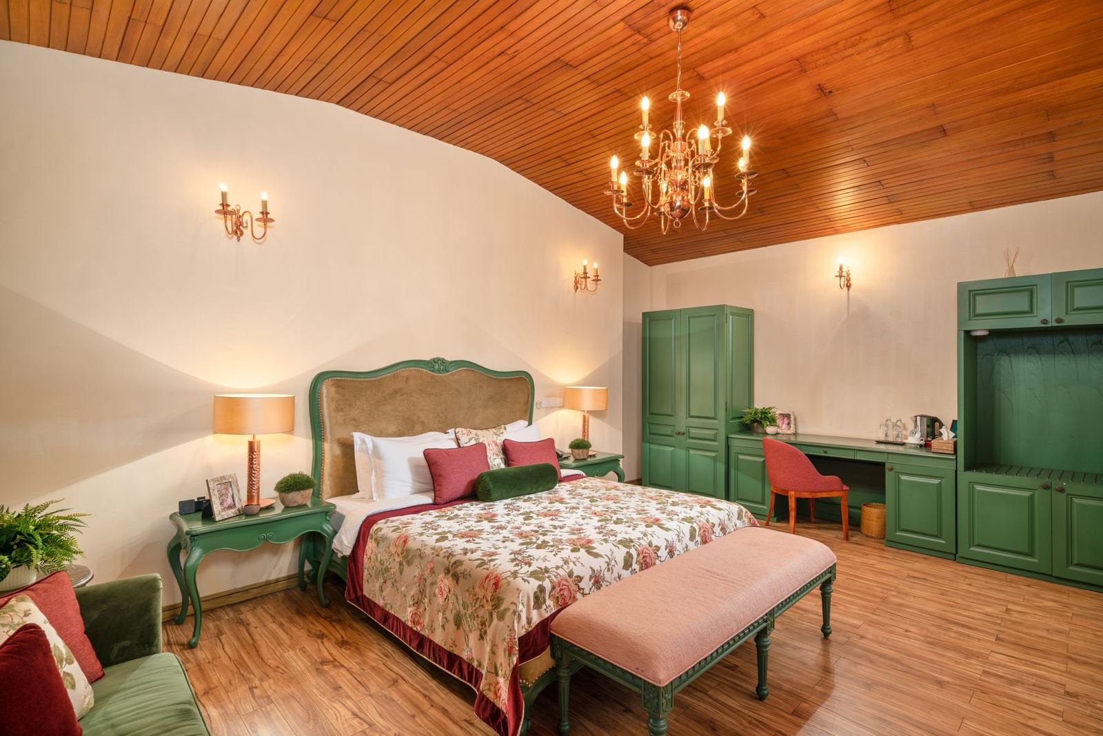 Guest bedroom with timber ceiling and a classical bedhead