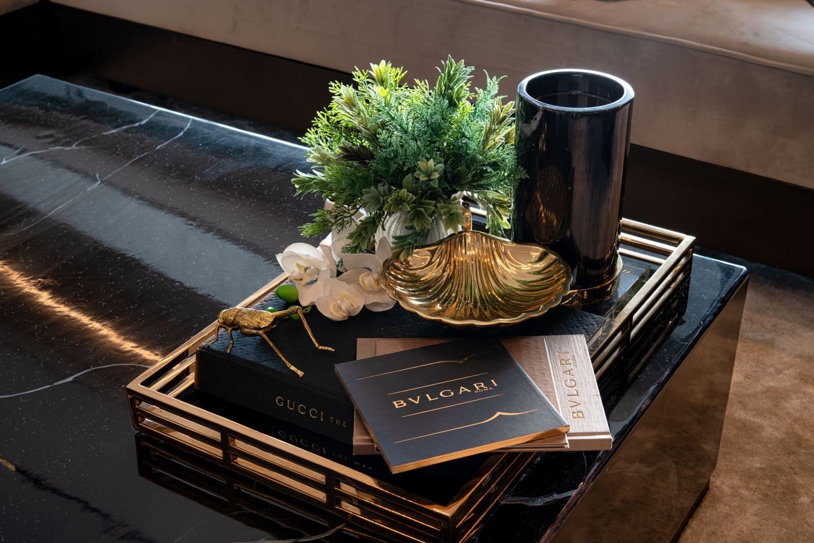 Sculptural wall pieces and occasional-table details