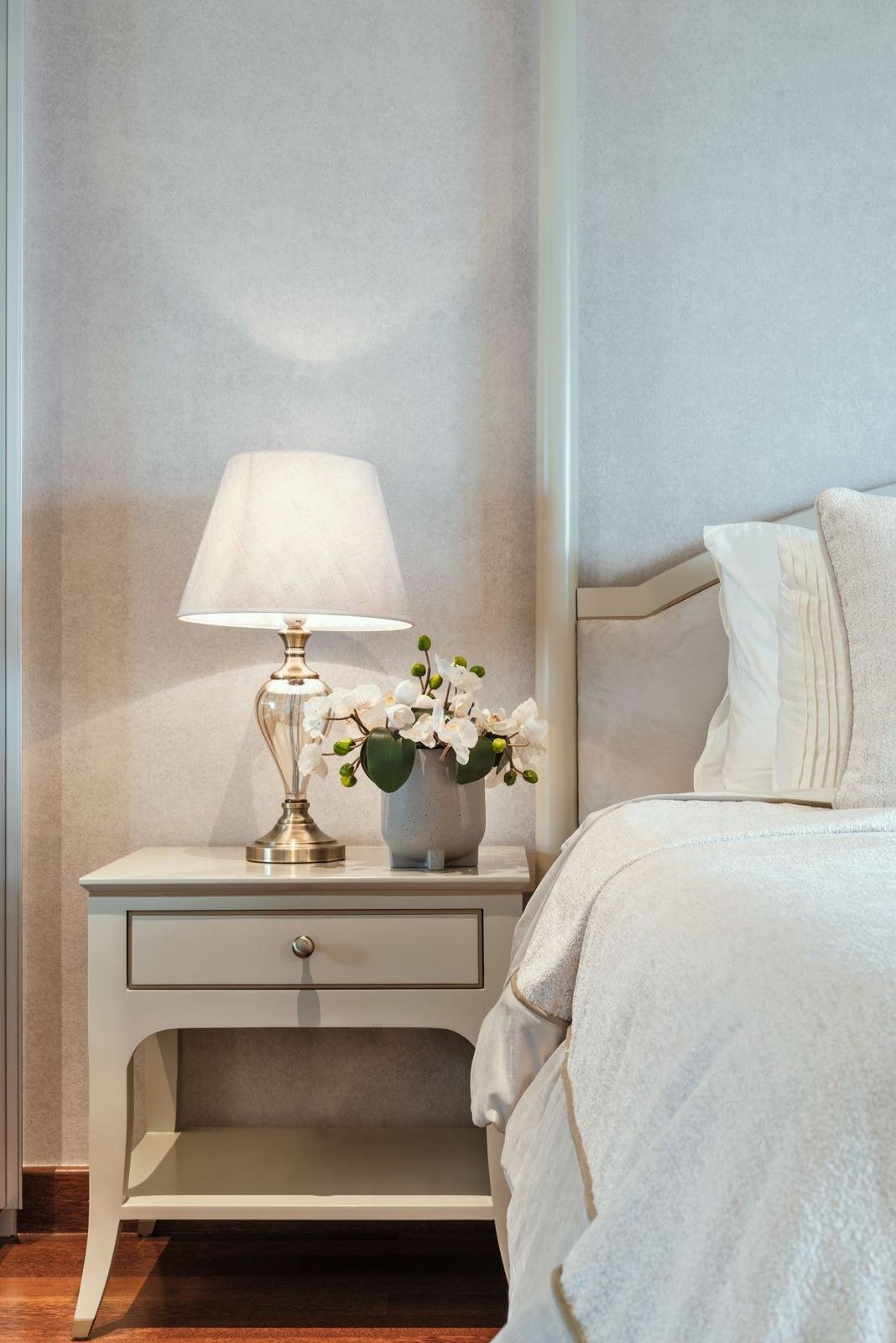 Bedside cabinet with contrasting inlay at Cinnamon Life