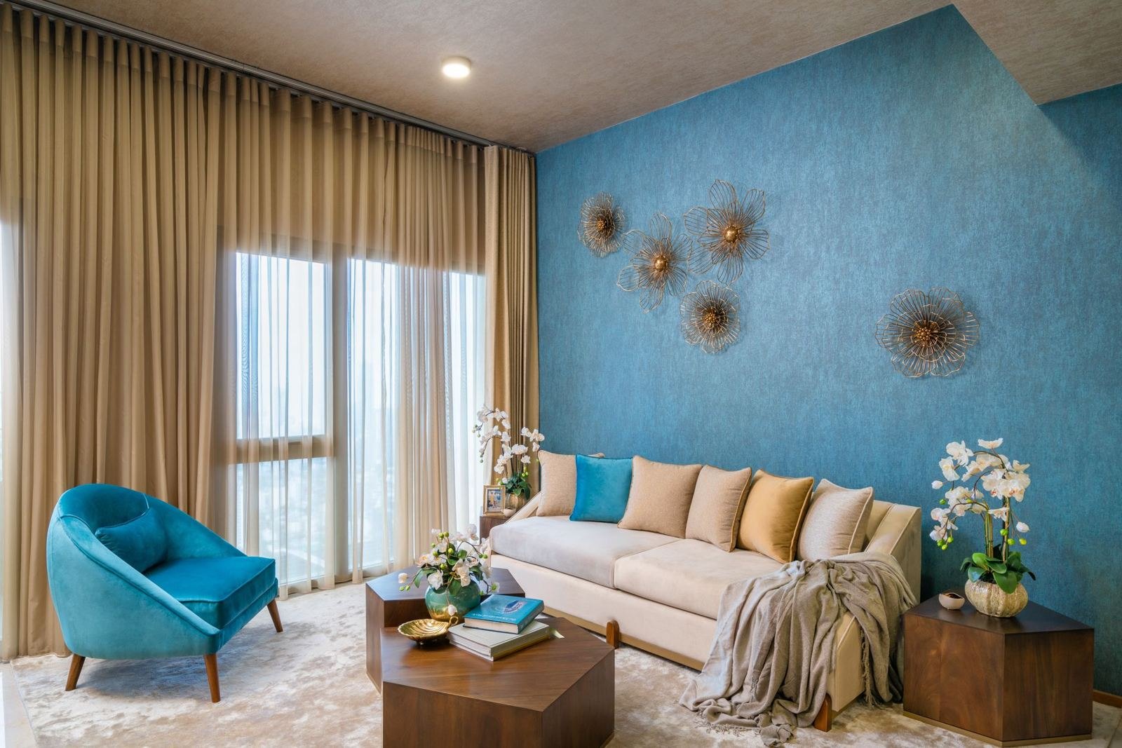 Living room with teal, walnut and warm neutrals